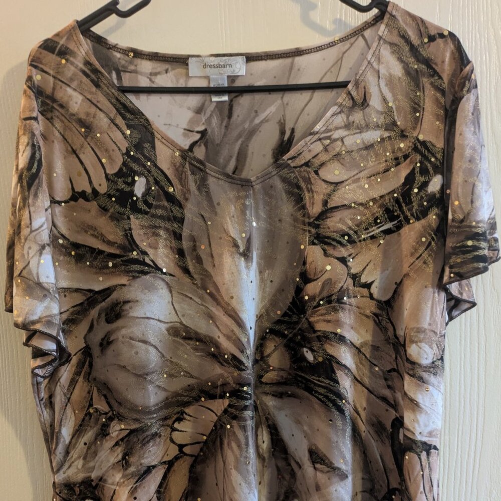 Dressbarn Y2K Sparkle Floral Womens V-Neck Handkerchief Hem Top Size 1X
